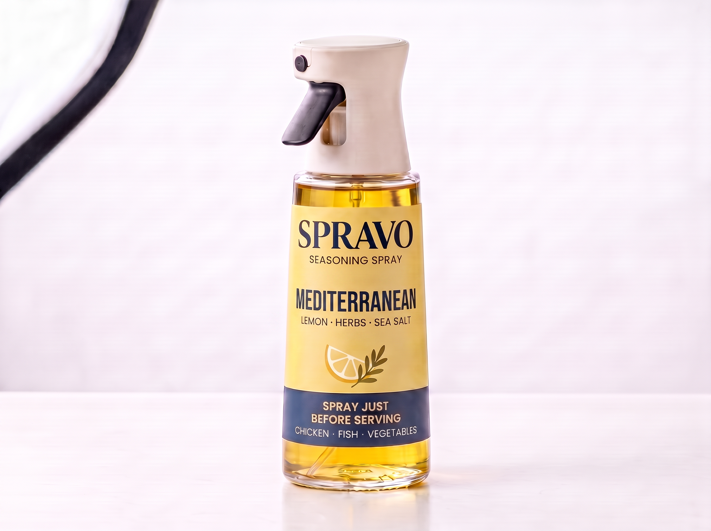 SPRAVO Mediterranean seasoning spray, with an ivory trigger and lemon-yellow label