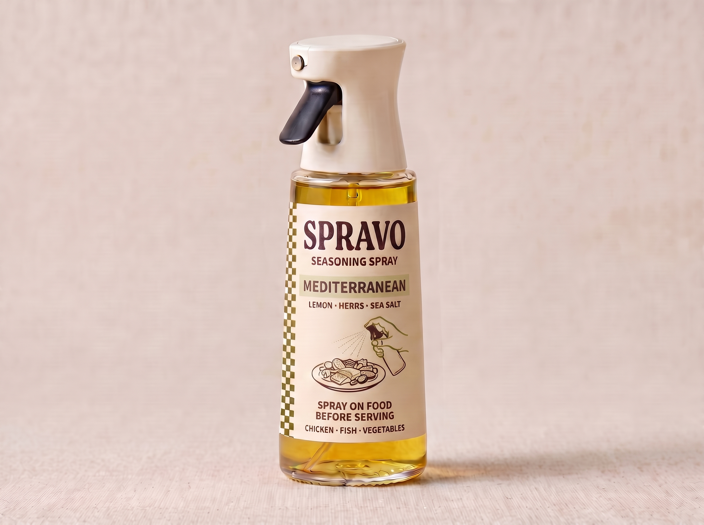 SPRAVO Mediterranean seasoning spray with a cream bistro label and integrated ivory trigger