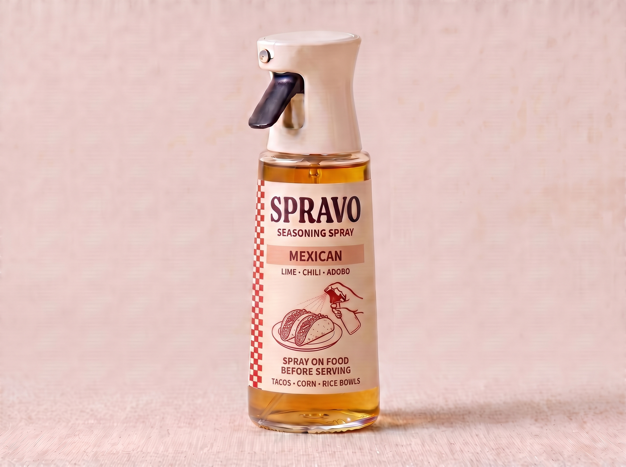SPRAVO Mexican seasoning spray with a cream bistro label and integrated ivory trigger