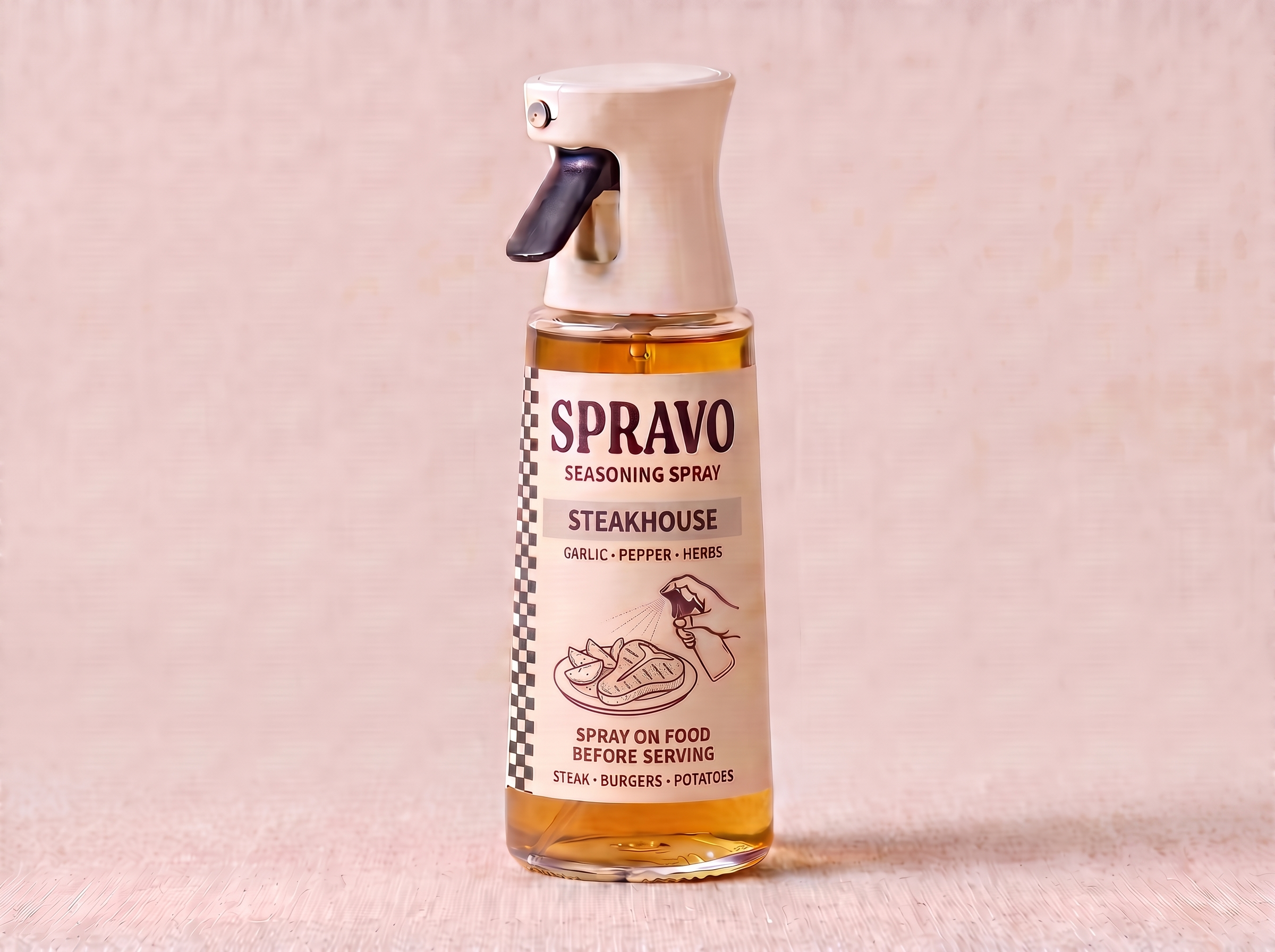 SPRAVO Steakhouse seasoning spray with a cream bistro label and integrated ivory trigger