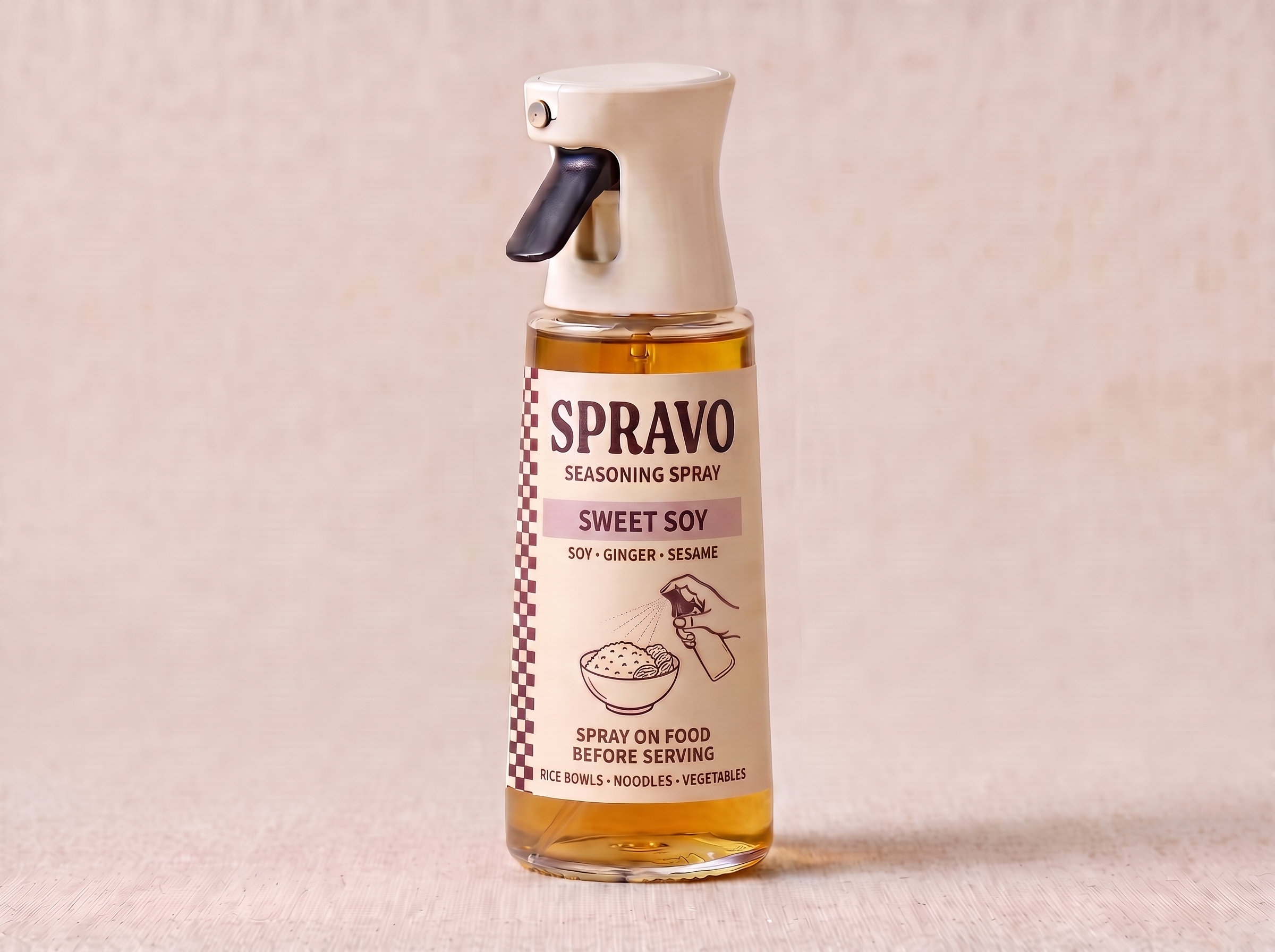 SPRAVO Sweet Soy seasoning spray with a cream bistro label and integrated ivory trigger